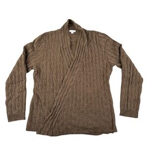 Garnet Hill Cardigan Sweater L Brown 100% Cashmere Cable Knit Open Front Warm